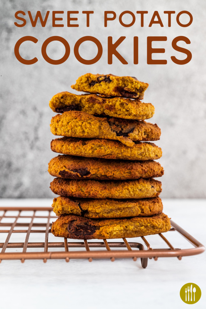 A stack of sweet potato cookies on a rose gold rack and white background and text above